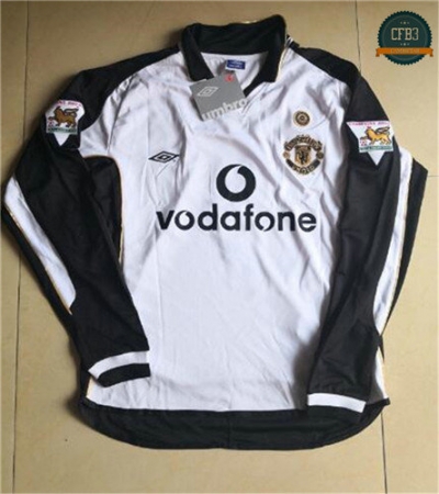 Camiseta 2001-02 Manchester United 2ª Equipacións Blanco Manga Larga