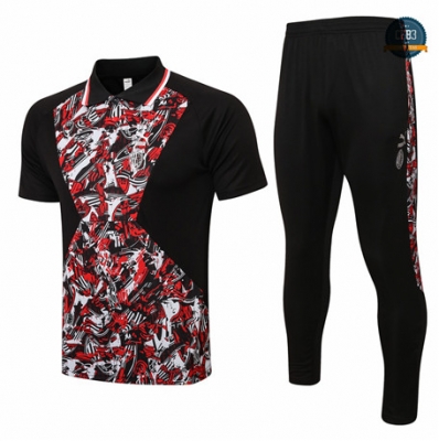 Cfb3 Camisetas Entrenamiento AC Milan Polo + Pantalones Equipación Negro/Rojo 2021/2022