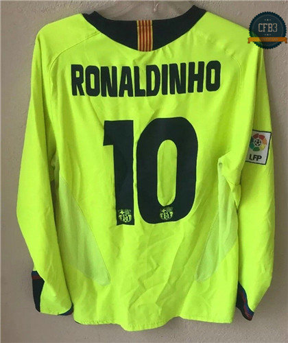 Camiseta 2005-06 Barcelona 2ª Equipación Manga Larga Verde (10 Ronaldinho)