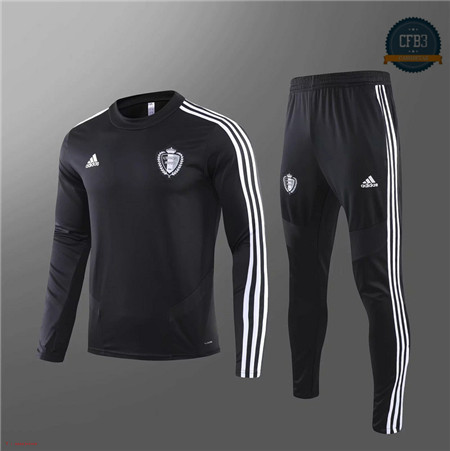 Cfb3 Camisetas D059 Chandal Bélgica Negro/ banda Blanco 2019/2020 Cuello redondo