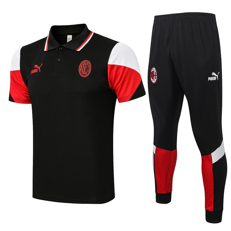 Cfb3 Camiseta Entrenamiento Polo AC Milan + Pantalones Equipación Negro 2021/2022